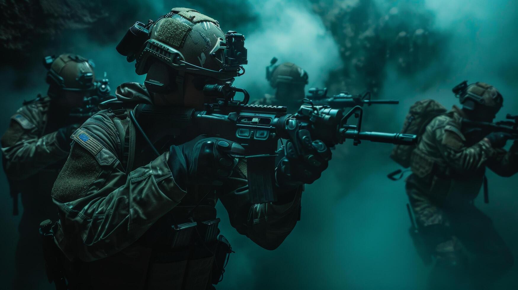 A group of soldiers in full combat gear advancing through a dark tunnel. photo