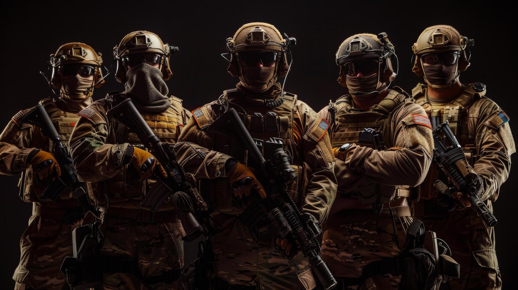 Special forces soldiers in combat gear and weapons photo
