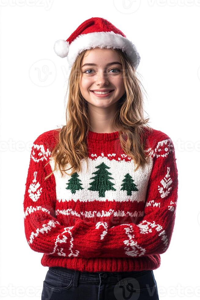 A girl wearing a christmas sweater and hat photo
