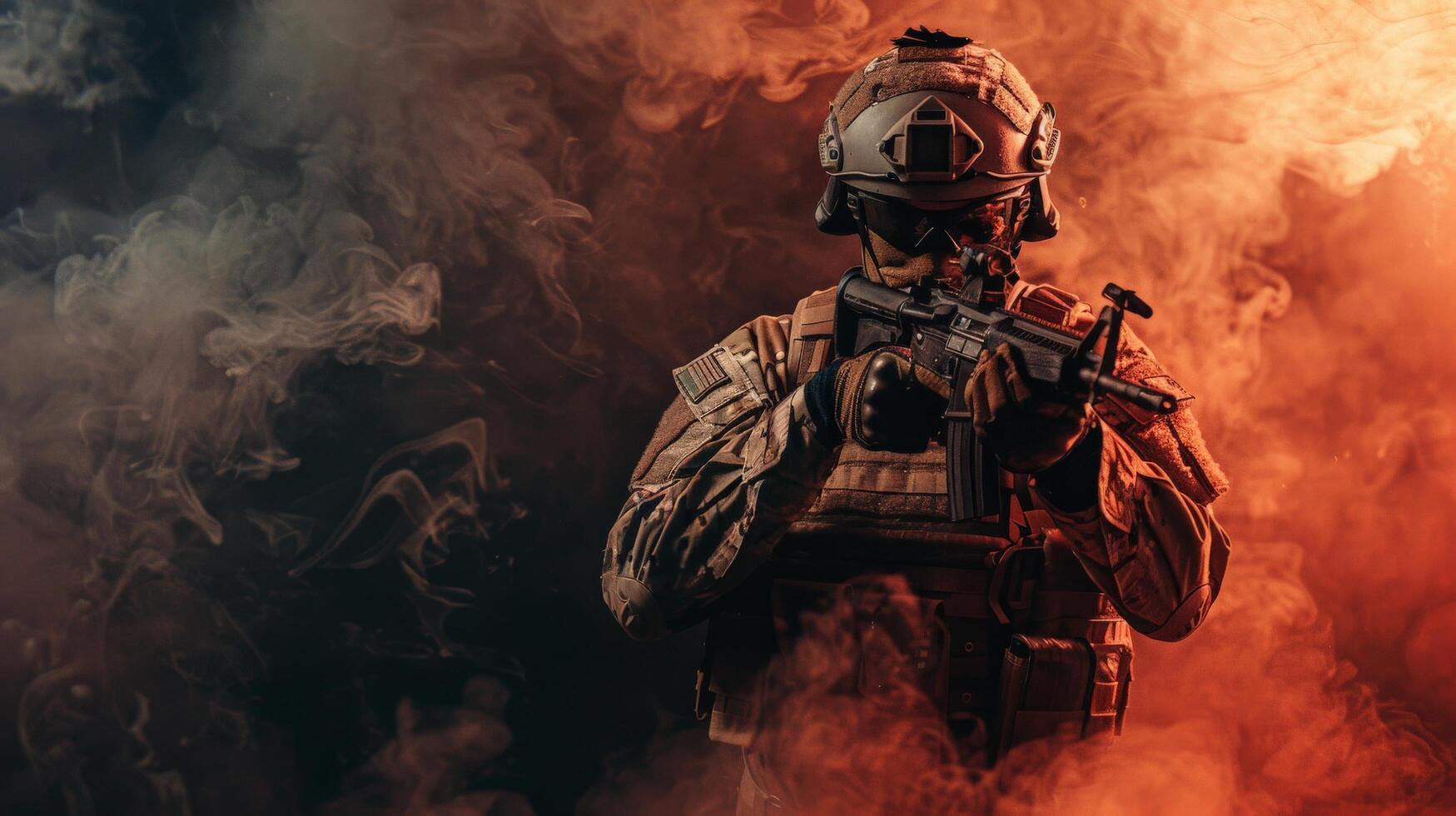 A soldier in full combat gear standing in a smoky, red-lit background. photo