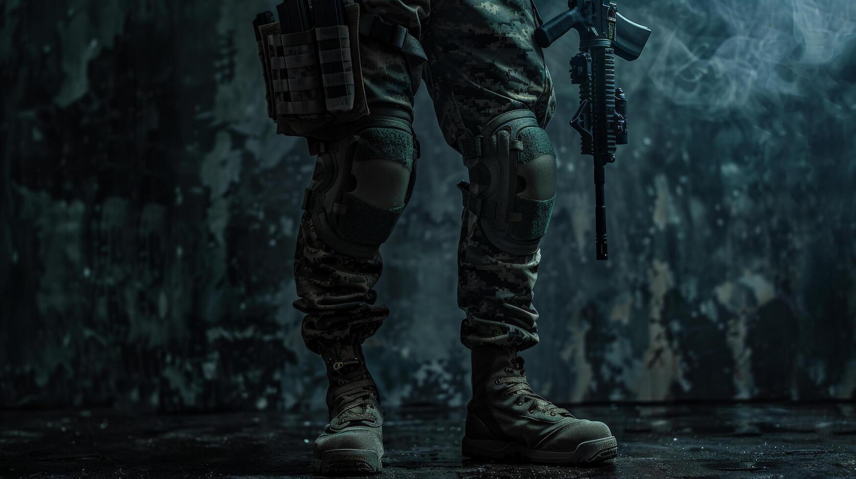 A soldier in full combat gear stands in a dark, smoky room. photo