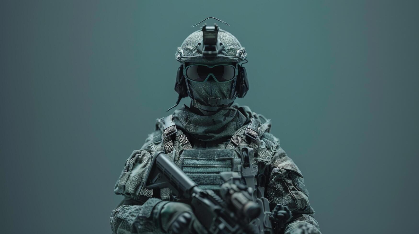 A soldier in full combat gear is standing in a dark room. He is wearing a helmet, goggles, and a mask. He is also carrying a gun. photo
