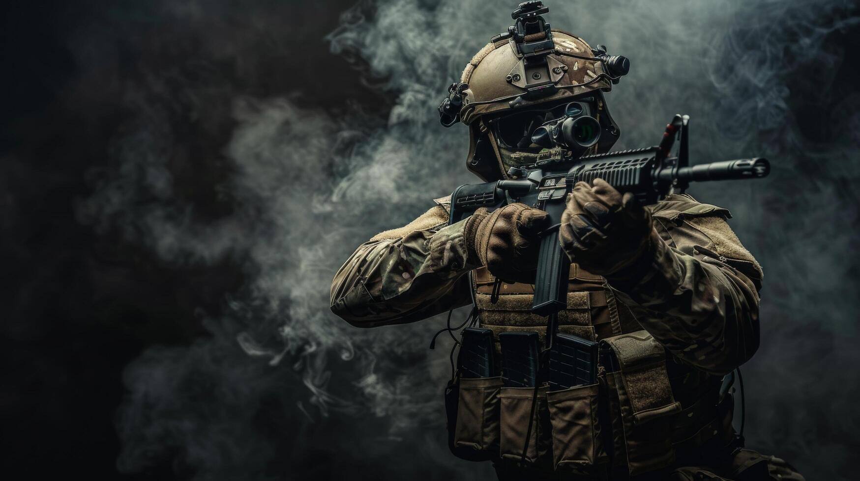 A soldier in full combat gear holding a rifle. photo