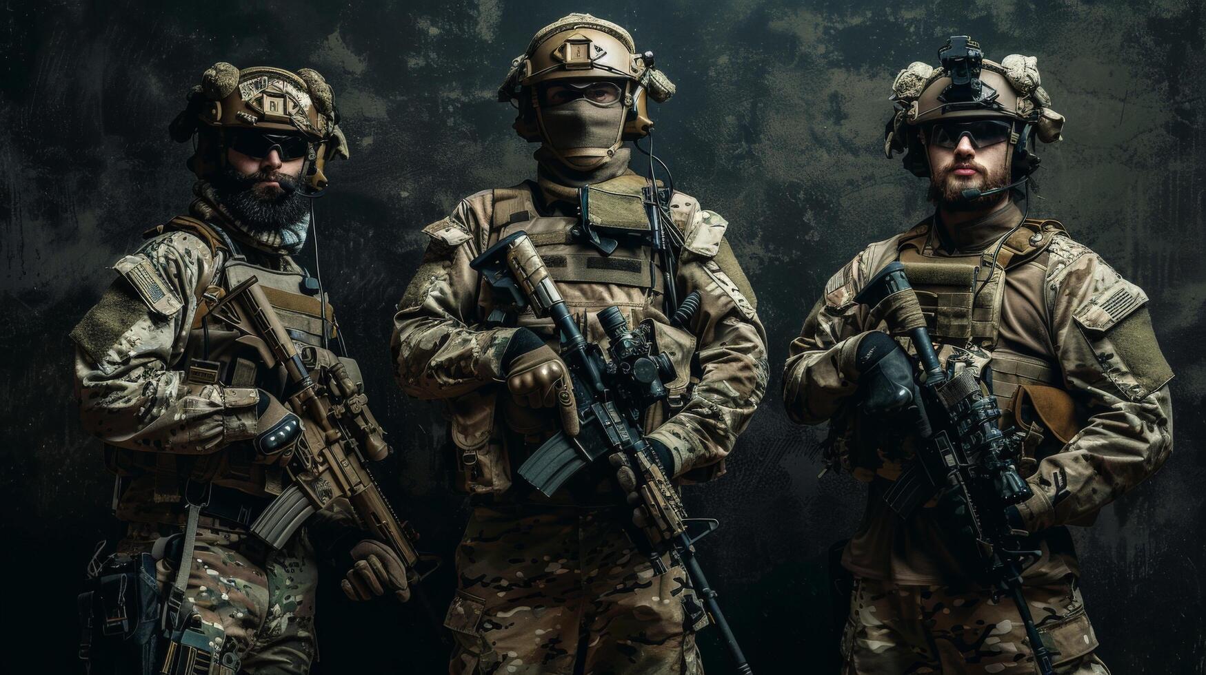 Three soldiers in full combat gear are posing in front of a dark background. photo