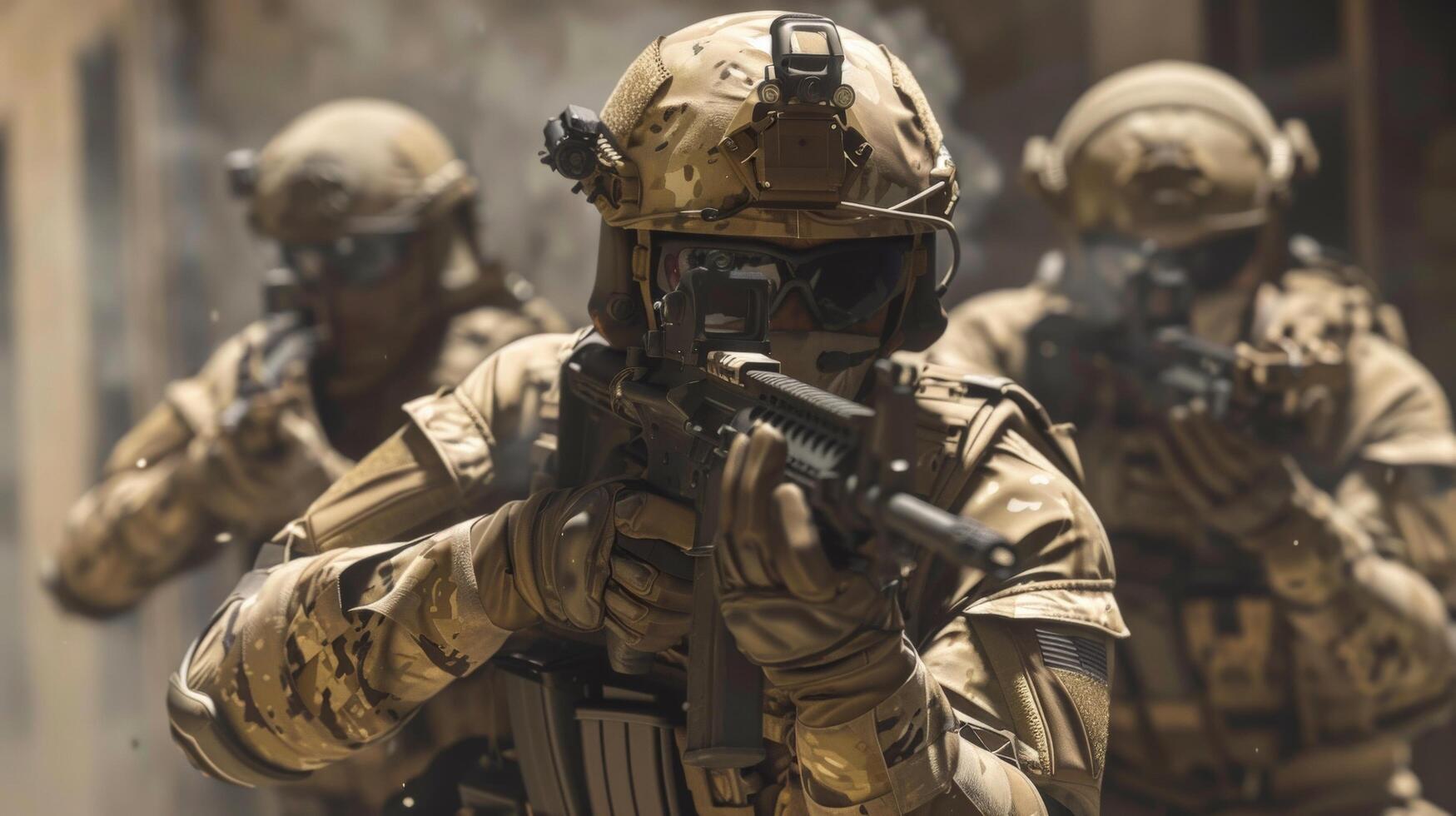 A soldier in full combat gear is advancing through a war zone photo
