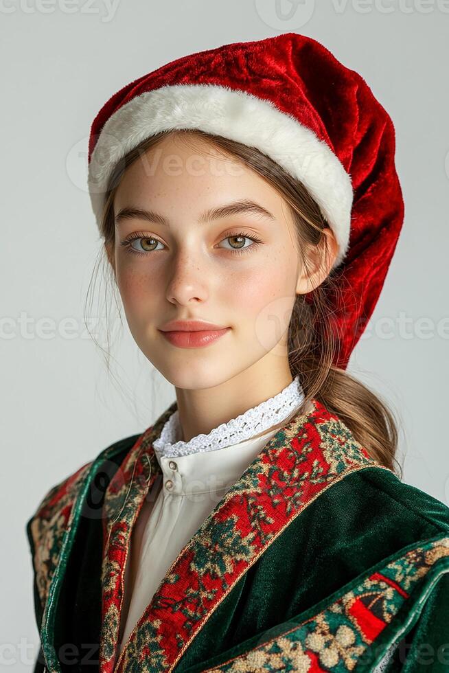 A young girl wearing a santa hat and a green and red dress photo