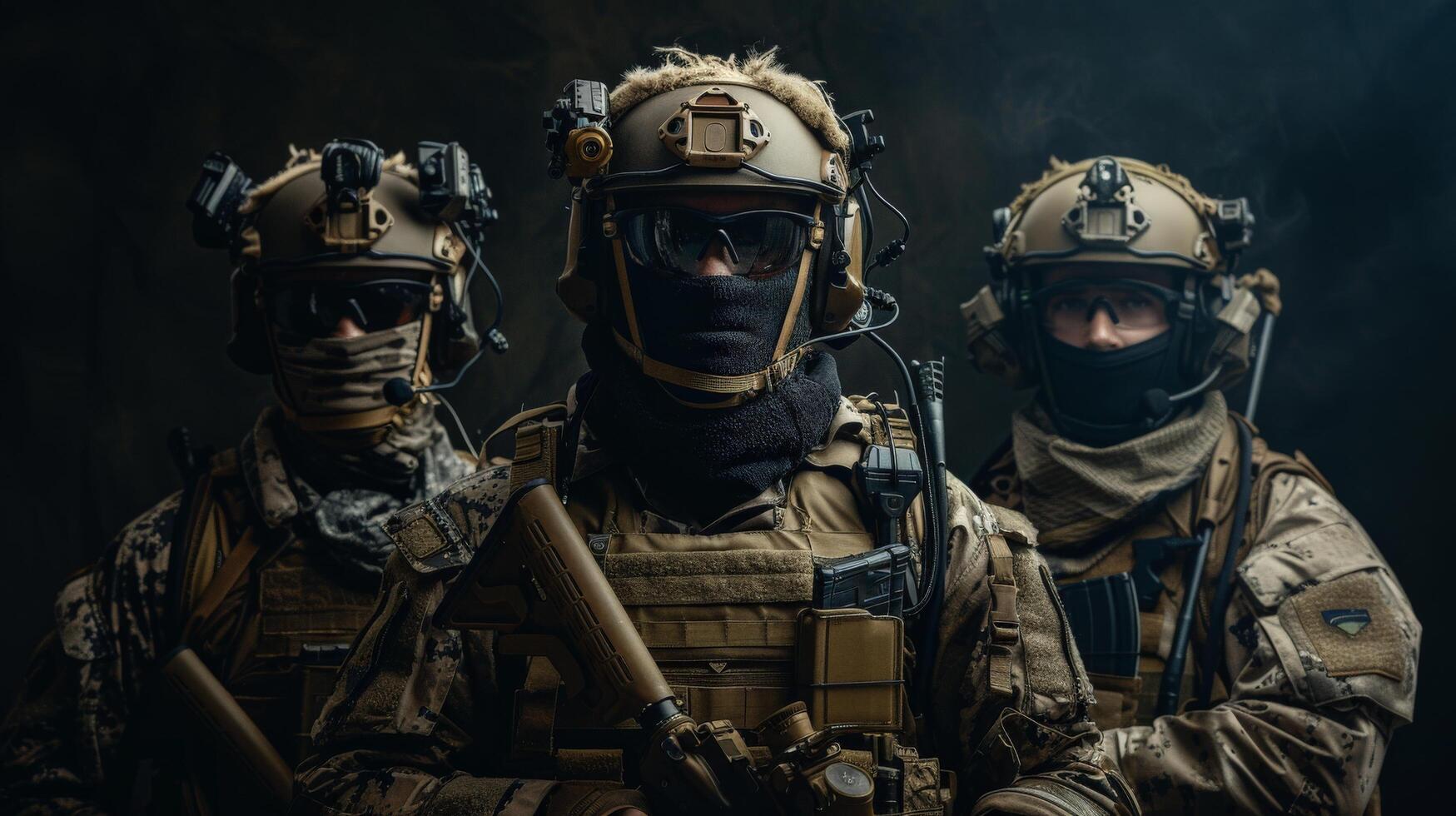 Three soldiers in full tactical gear with their faces obscured. photo