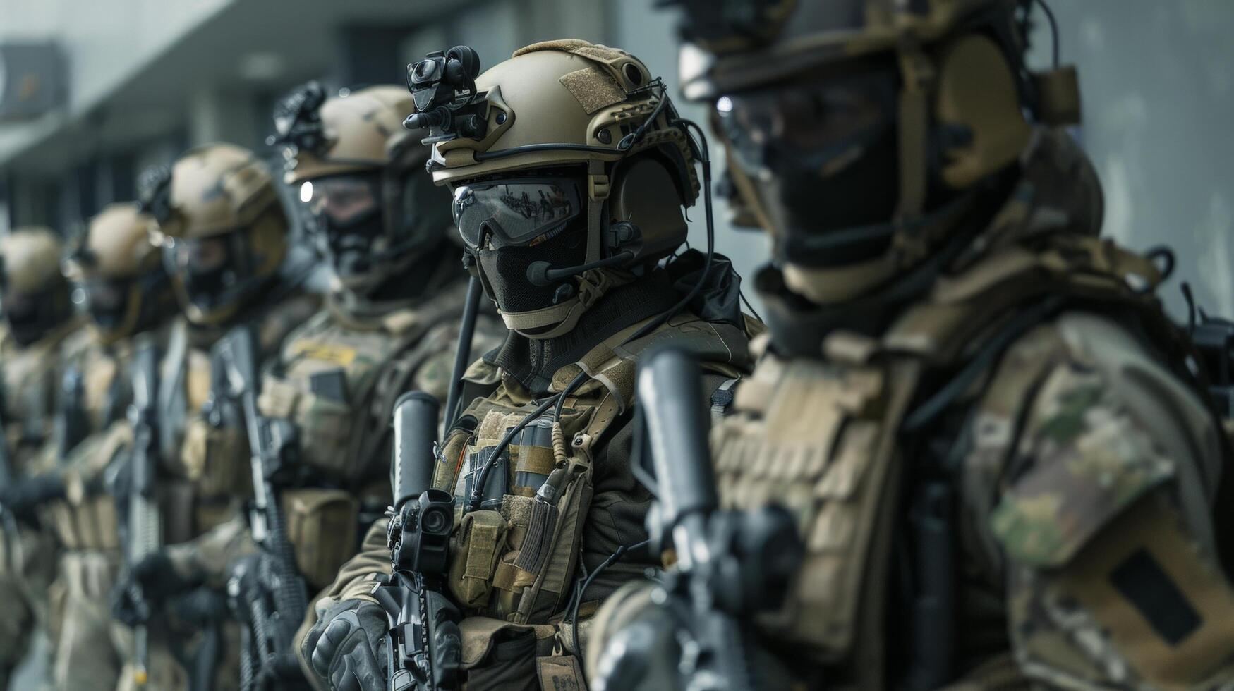 A soldier in full tactical gear, armed with a rifle, stands in front of a group of other soldiers. photo