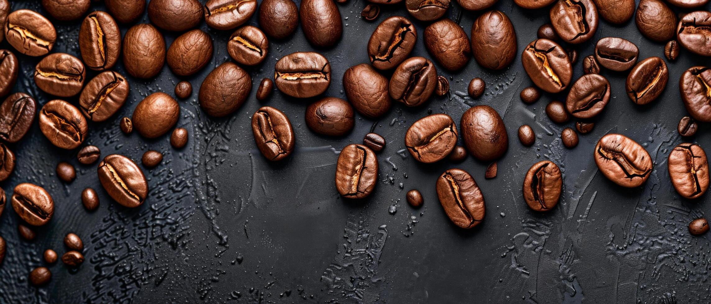 Coffee beans scattered on a dark background. Top view with copy space. photo