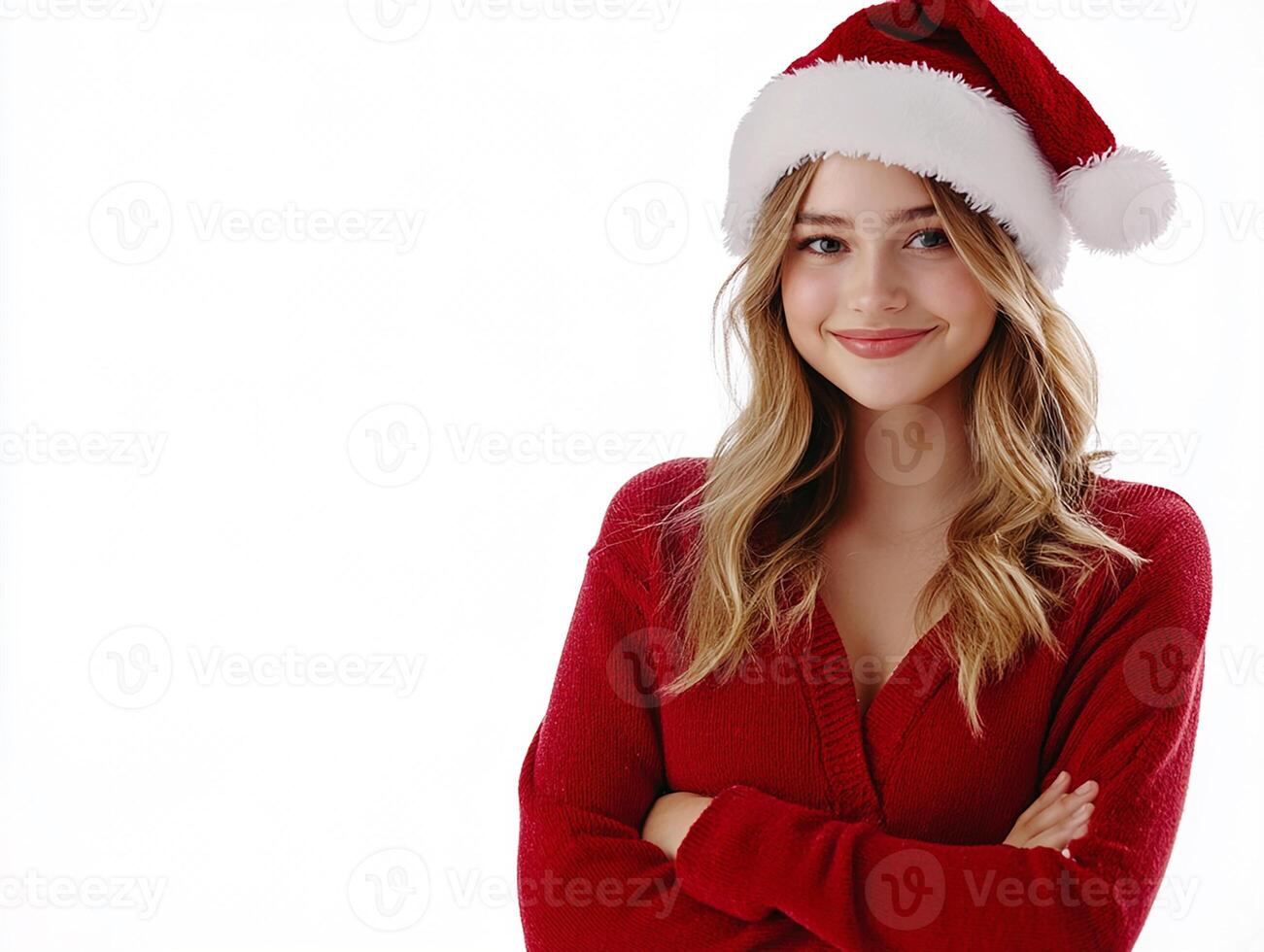 A beautiful young woman in a red sweater and santa hat photo
