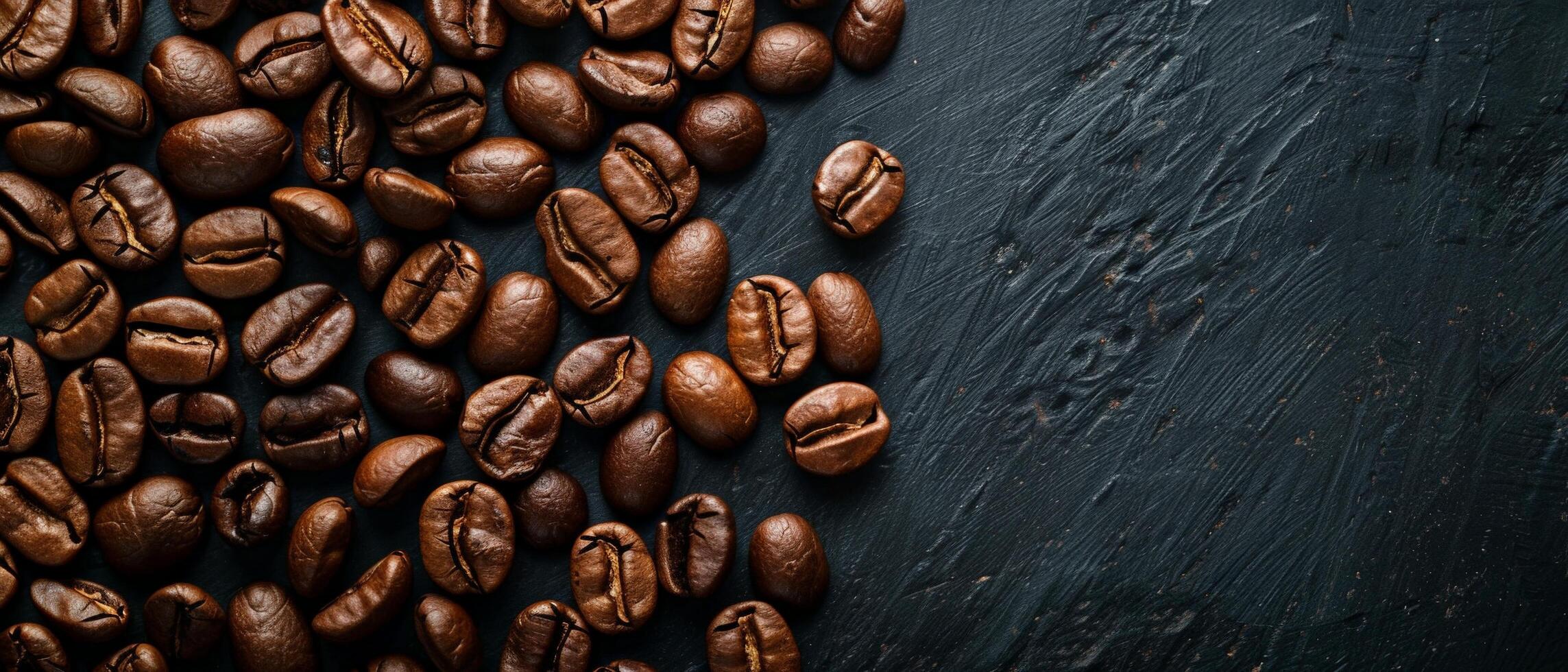 Coffee beans scattered on a black table. photo