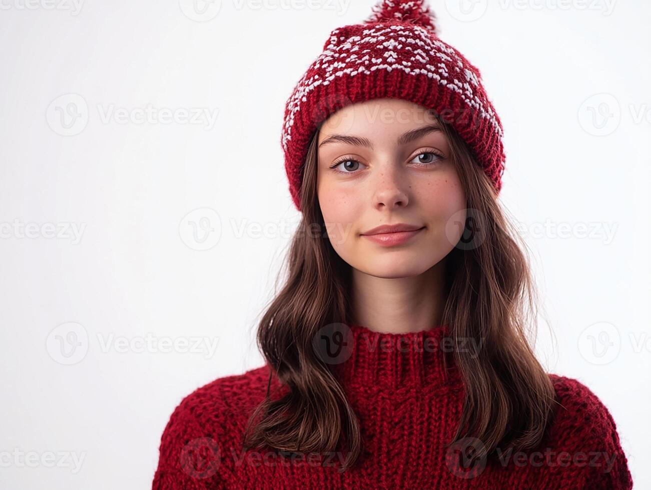 A young woman wearing a red knitted hat photo