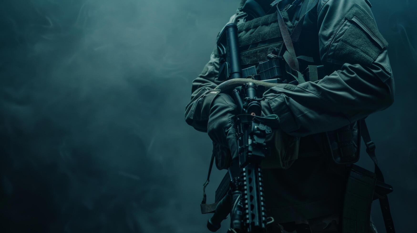 A soldier in full combat gear is standing in a dark, smoky room. He is holding a gun and looking to the side. photo