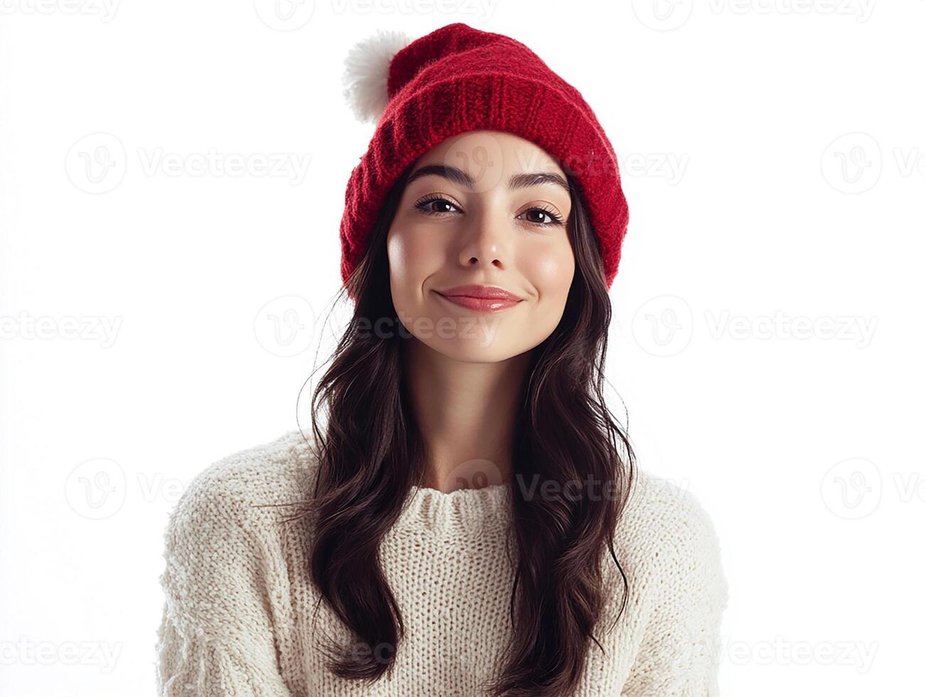 A woman wearing a red hat and sweater photo