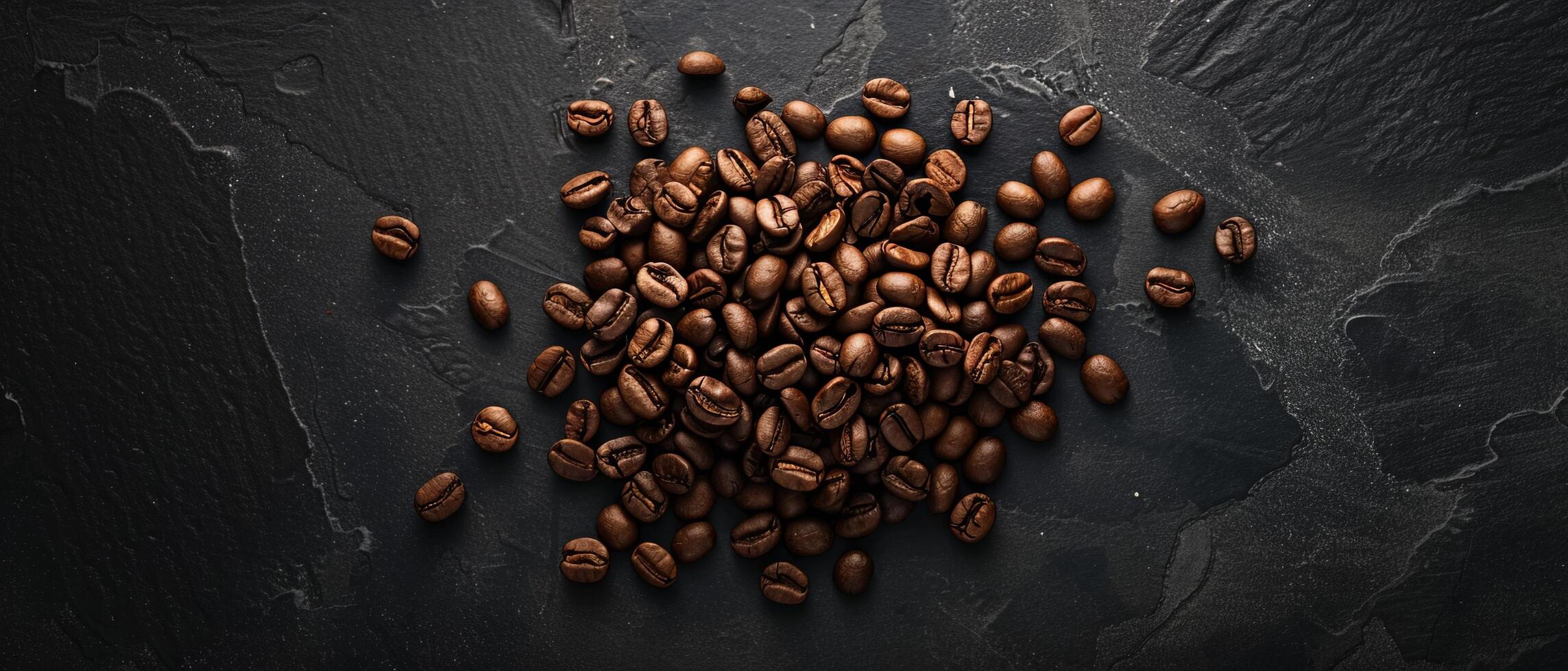Coffee beans scattered on a dark stone background. Top view. photo