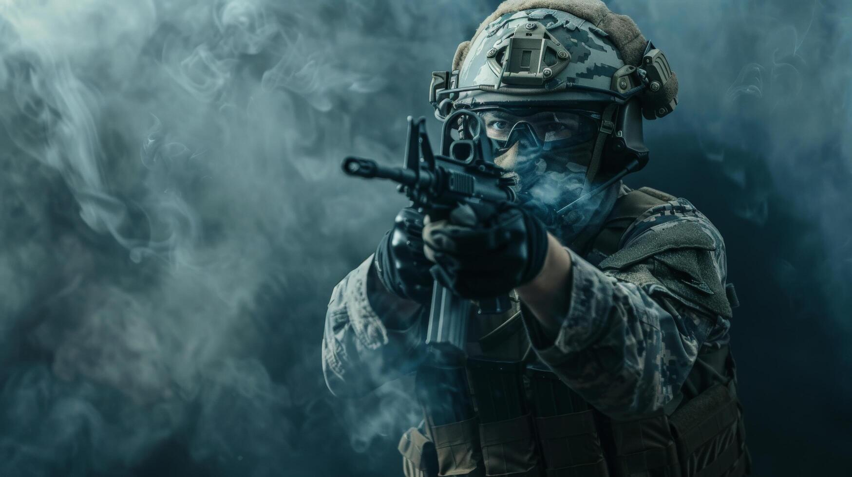 A soldier in full combat gear, aiming his rifle. photo