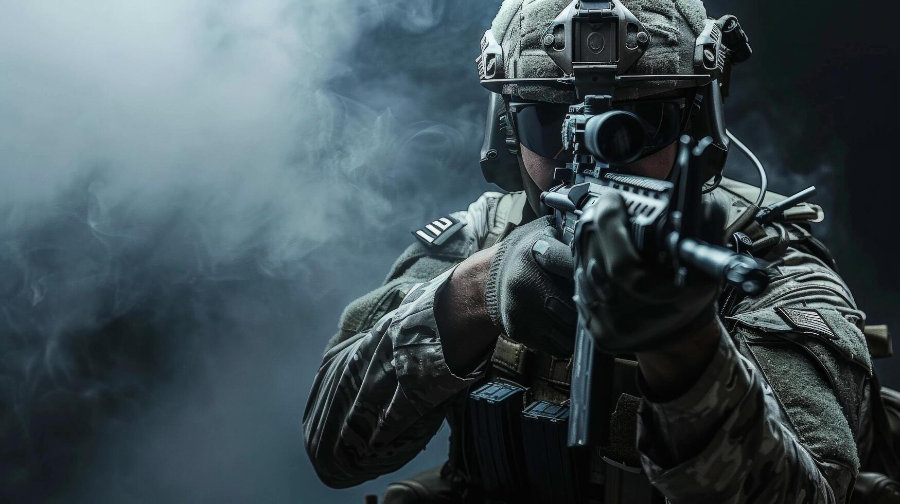 A soldier in full combat gear is aiming his rifle. photo