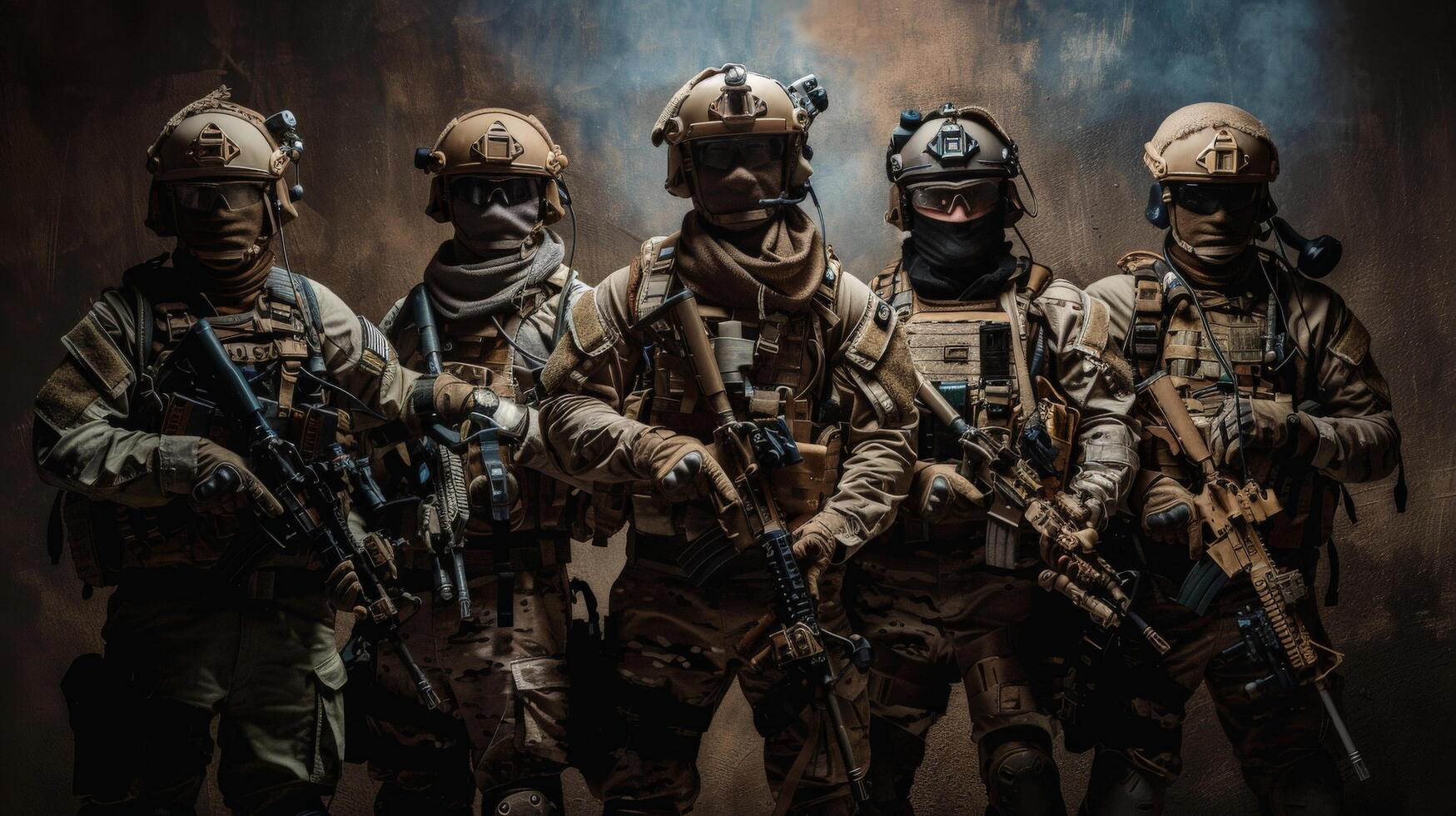A group of five soldiers in full combat gear and gas masks standing in front of a dark background. photo