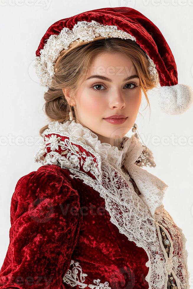 Beautiful young woman in red velvet dress and santa hat photo