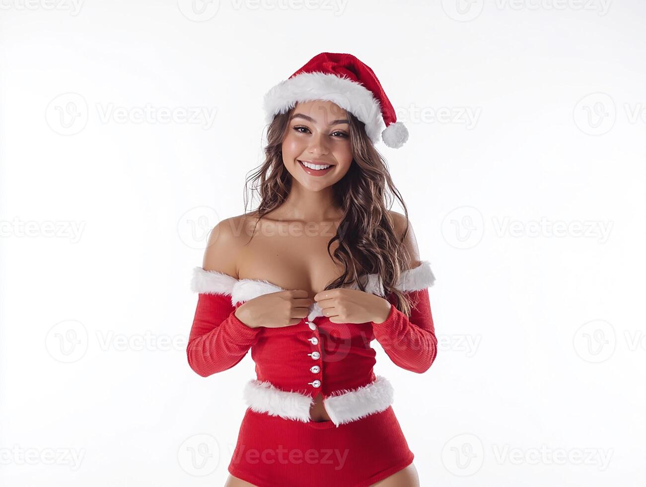 A woman in a santa suit posing for the camera photo