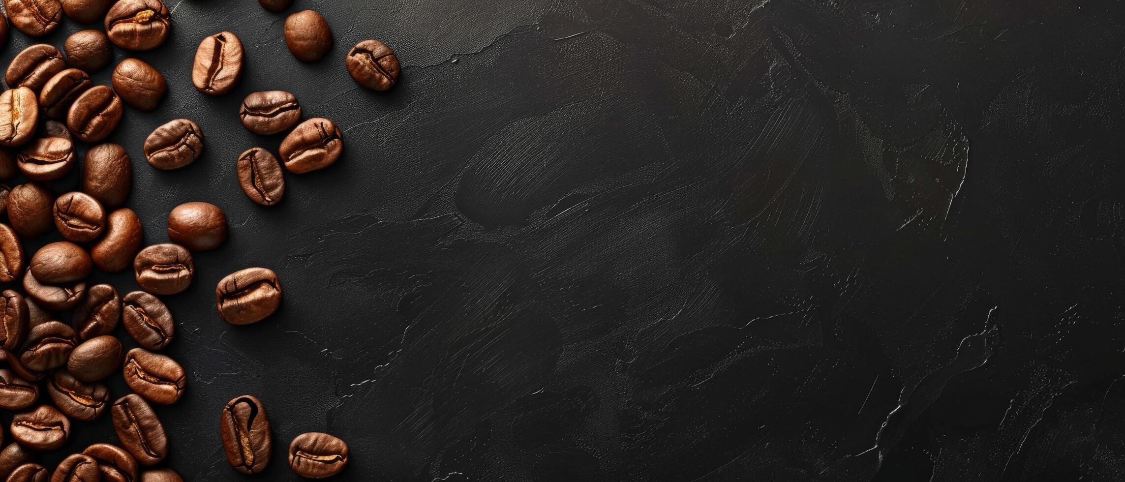 Coffee beans scattered on a dark background. photo