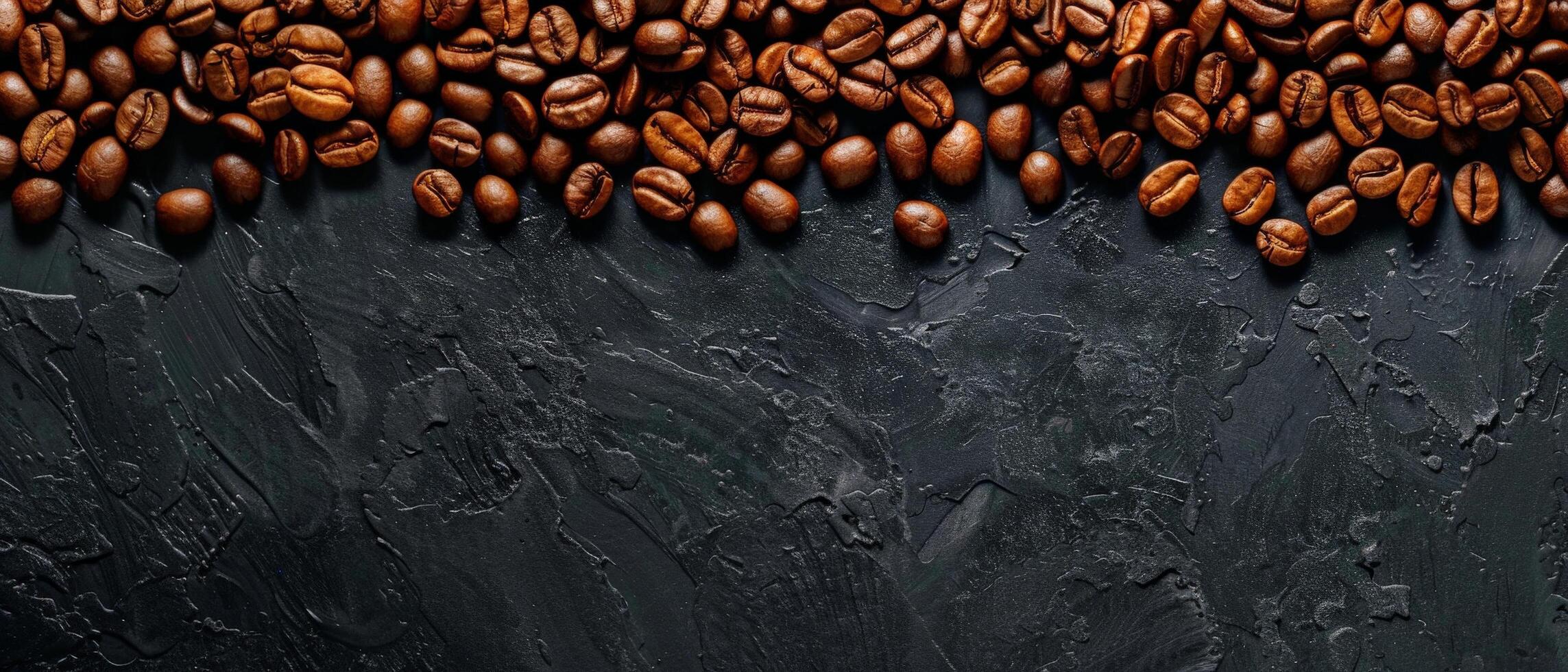 Coffee beans scattered on a black stone background. Top view with copy space. photo