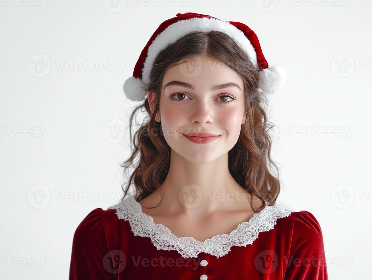 A woman wearing a santa hat and red dress photo