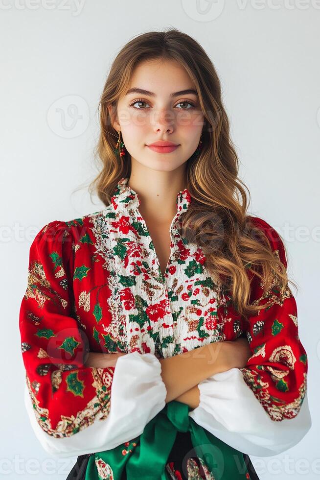 A beautiful young woman in a traditional ukrainian dress photo
