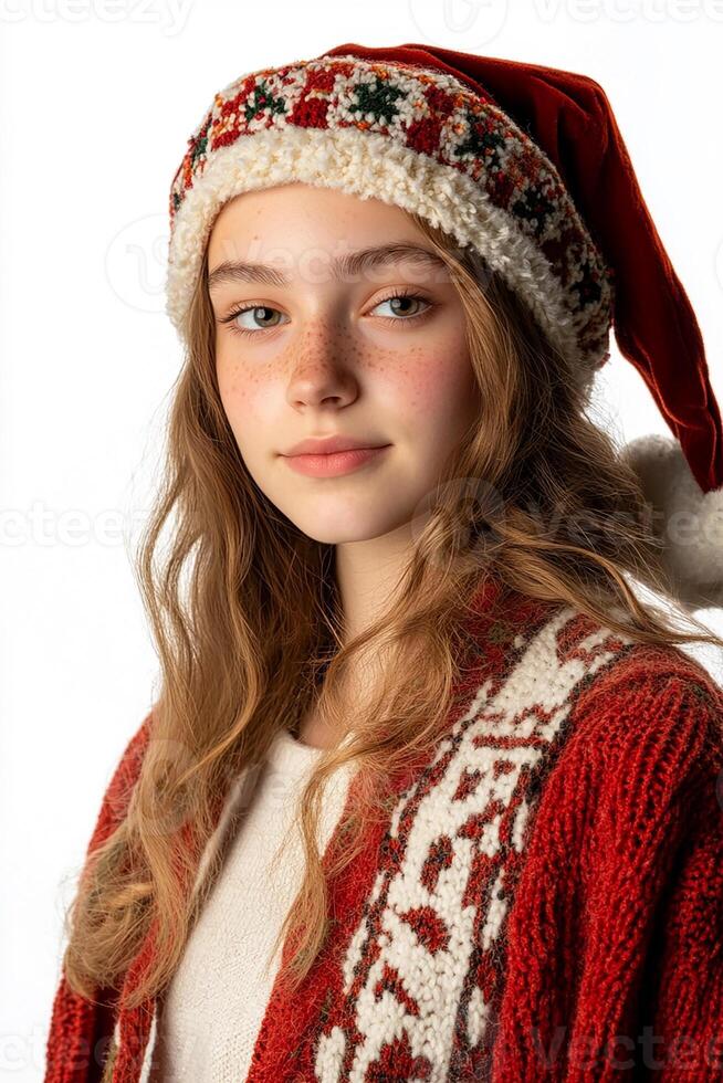 A girl wearing a santa hat and a sweater photo