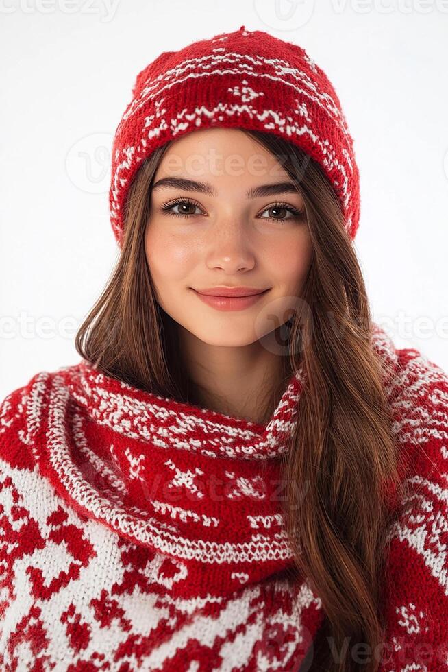 A beautiful young woman in a red and white knitted hat photo