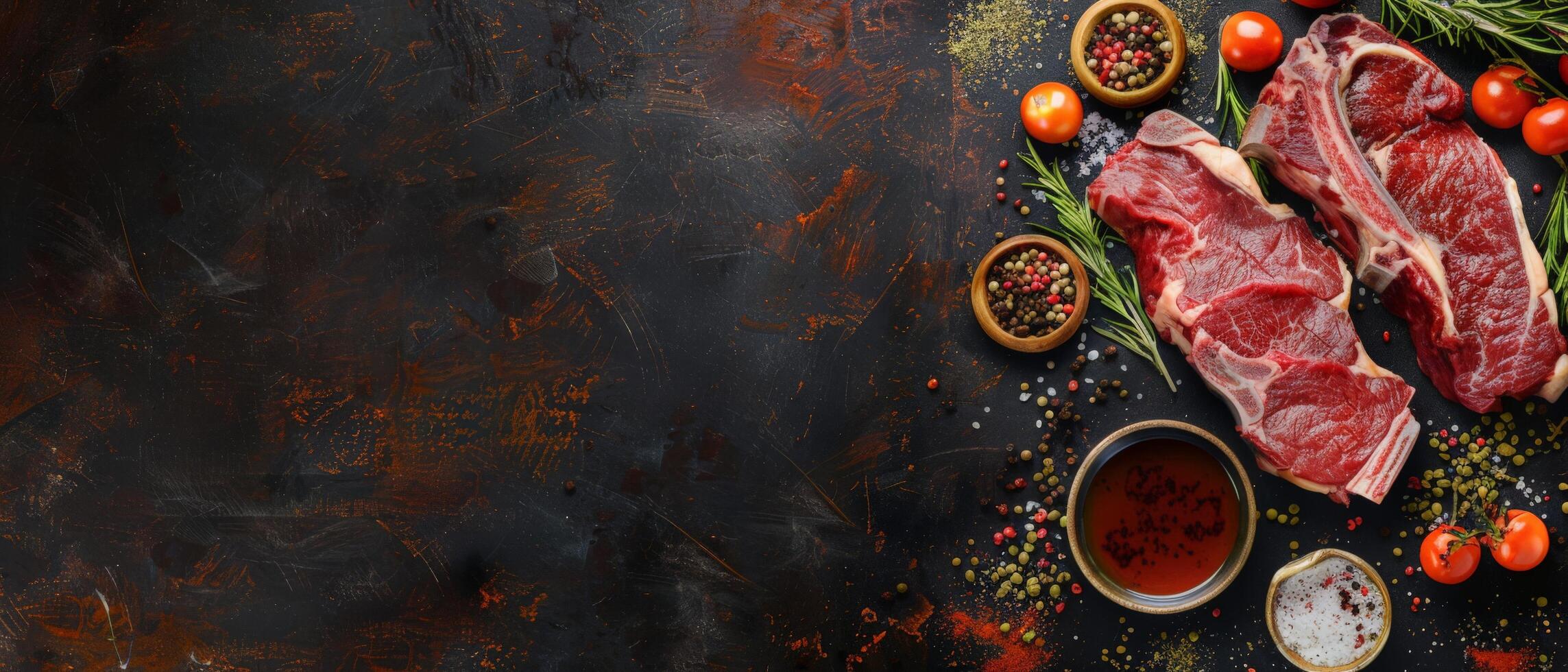 Three raw beef steaks with spices and herbs on a dark background. photo