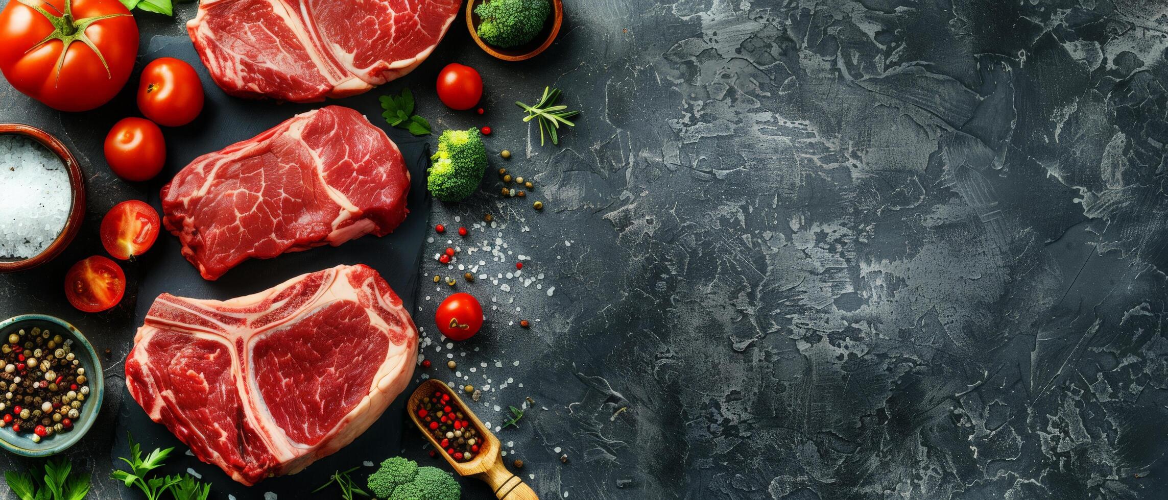 Three raw beef steaks with spices and vegetables on a dark background. photo