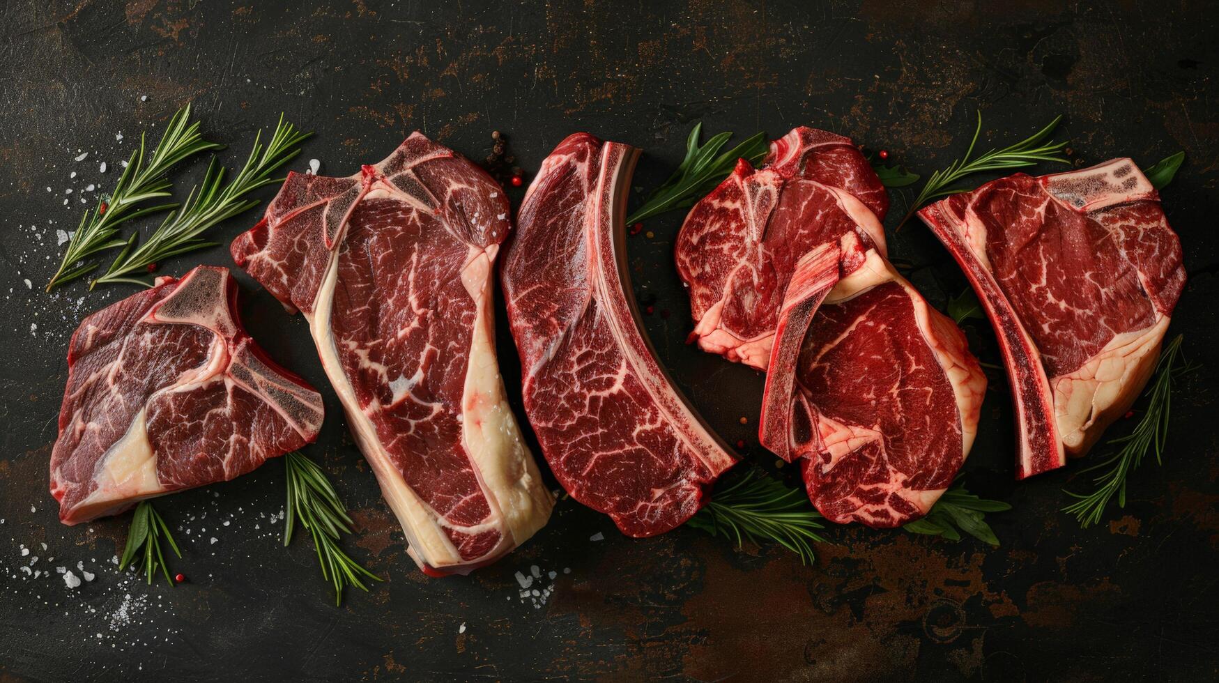 Various cuts of raw beef on a rustic background. photo
