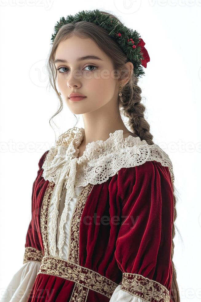 A young woman in a red dress and white hair photo
