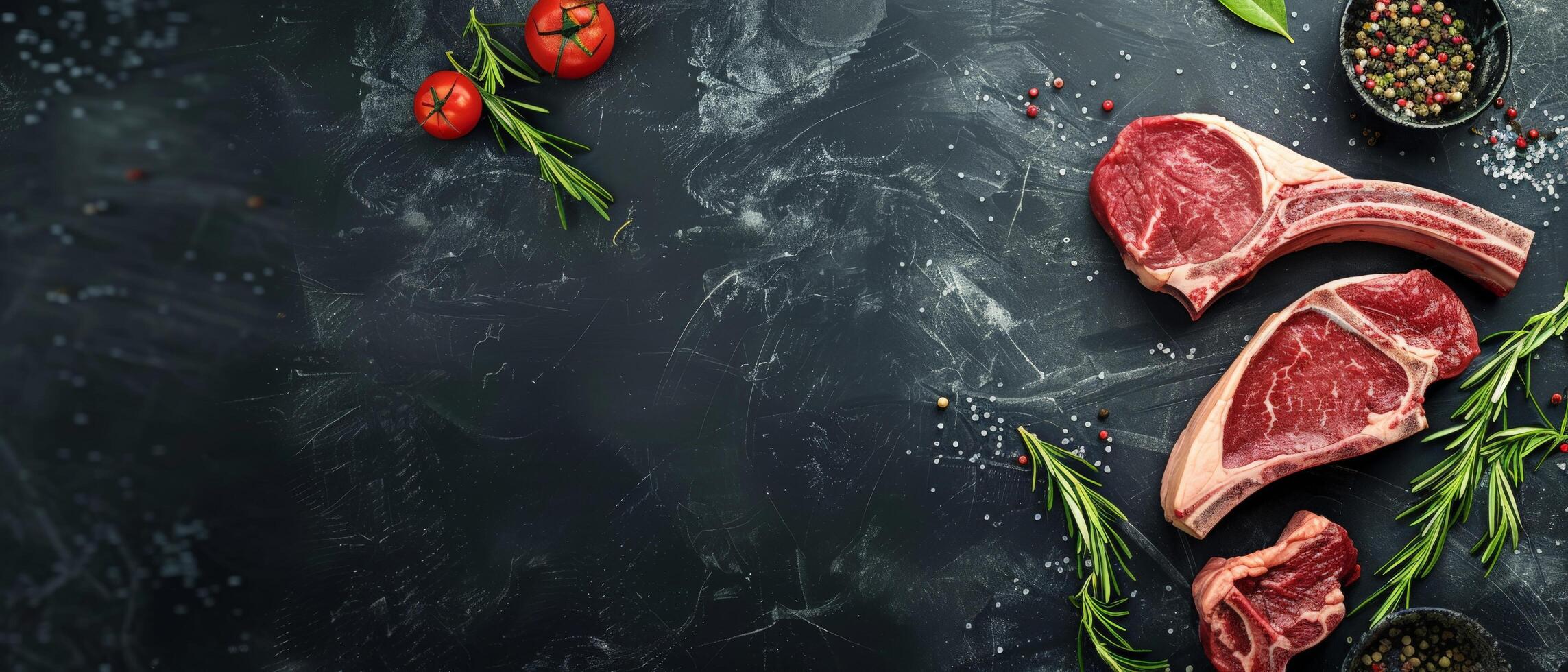 Black background with raw fresh beef steak, rosemary, spices and tomatoes. photo