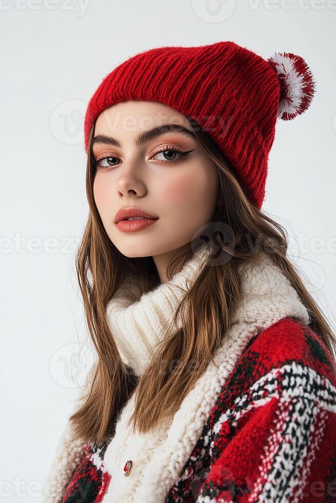 A beautiful young woman in a red hat and plaid scarf photo