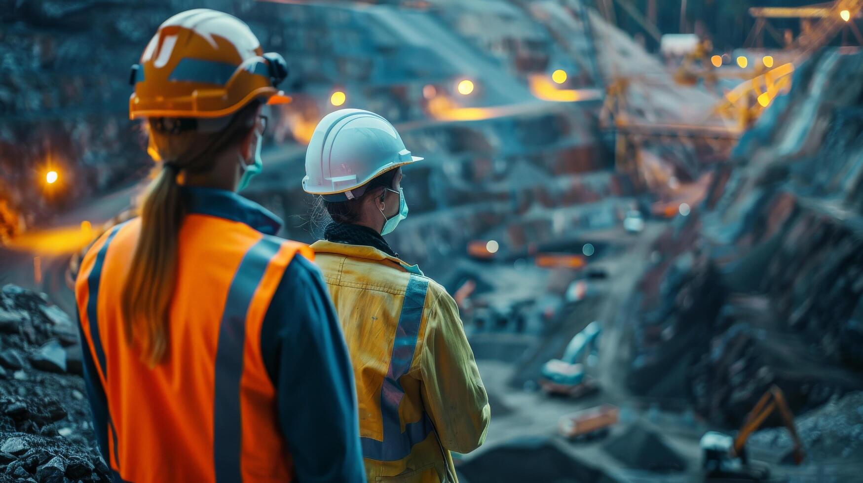 Two miners in hard hats and safety vests looking at the illuminated open pit mine photo