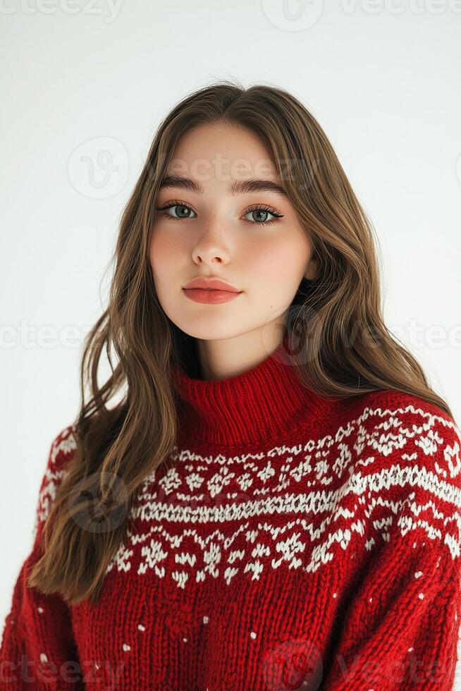 A young woman in a red sweater photo