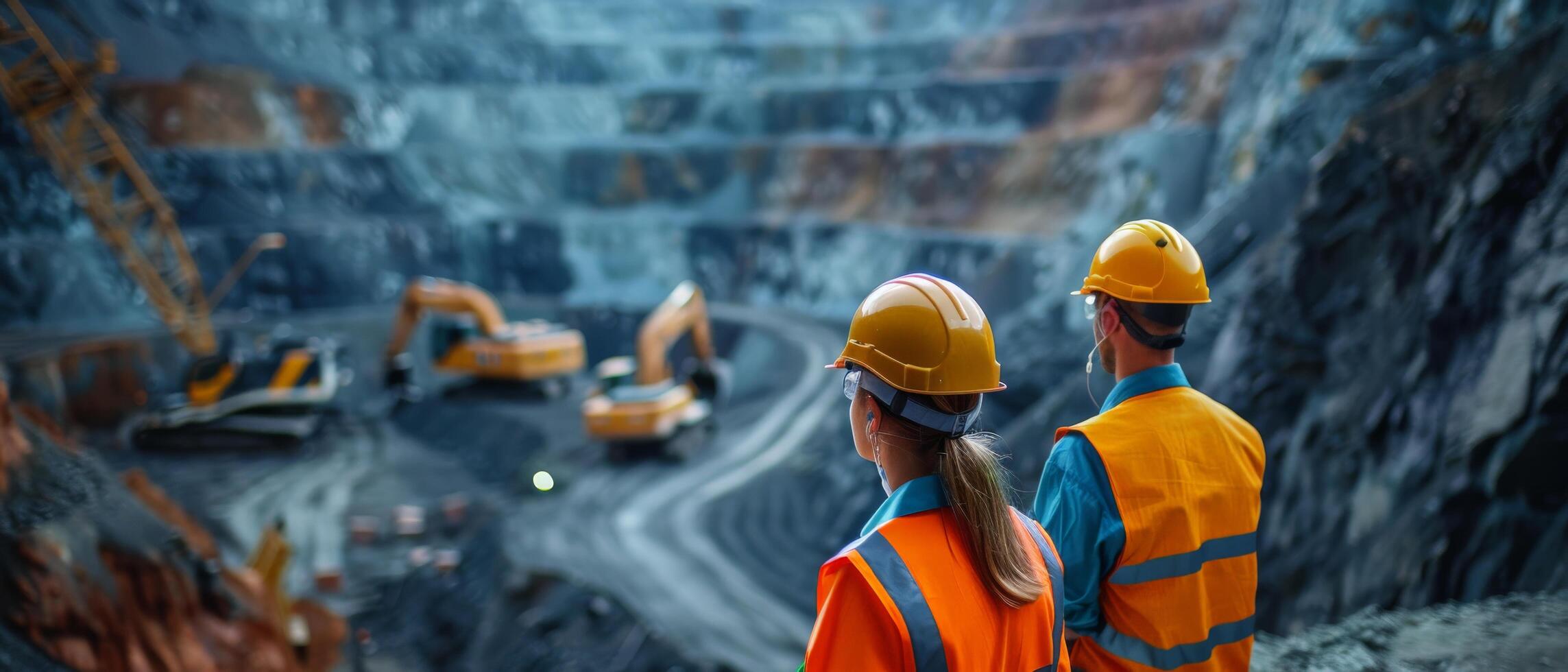Two mining engineers in hard hats at an open pit mine photo