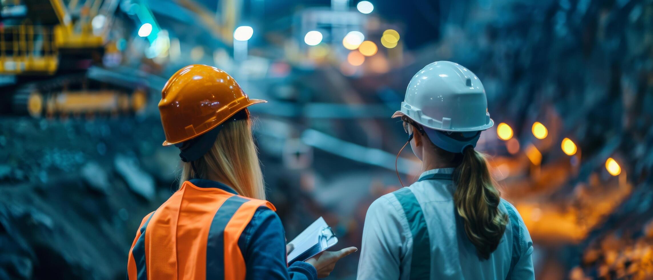 Two construction workers in hard hats looking at the progress of the building photo