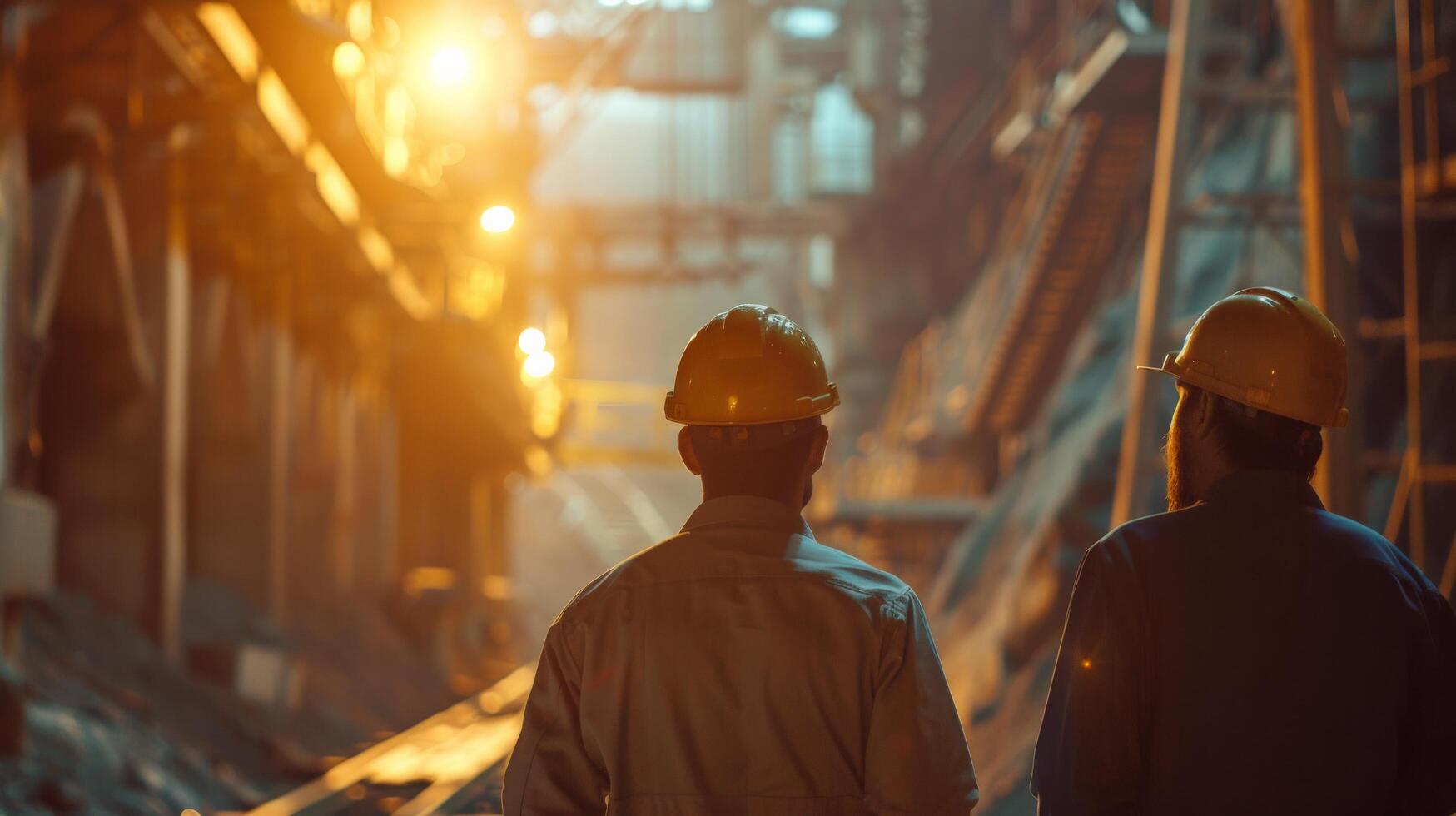 Two industrial workers in hard hats looking at the factory floor photo