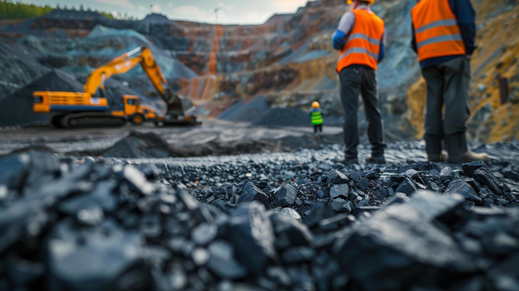 Two mining engineers in hard hats and safety vests are inspecting a largeLu Tian Mei Kuang . photo
