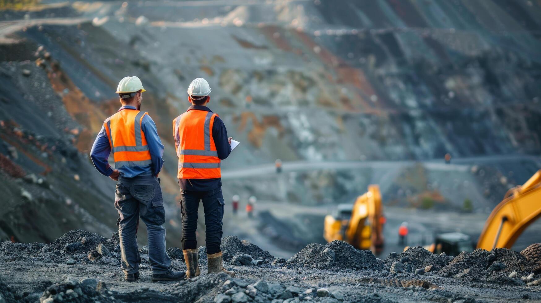 Two mining engineers in hard hats and safety vests are inspecting an open-pit mine. photo