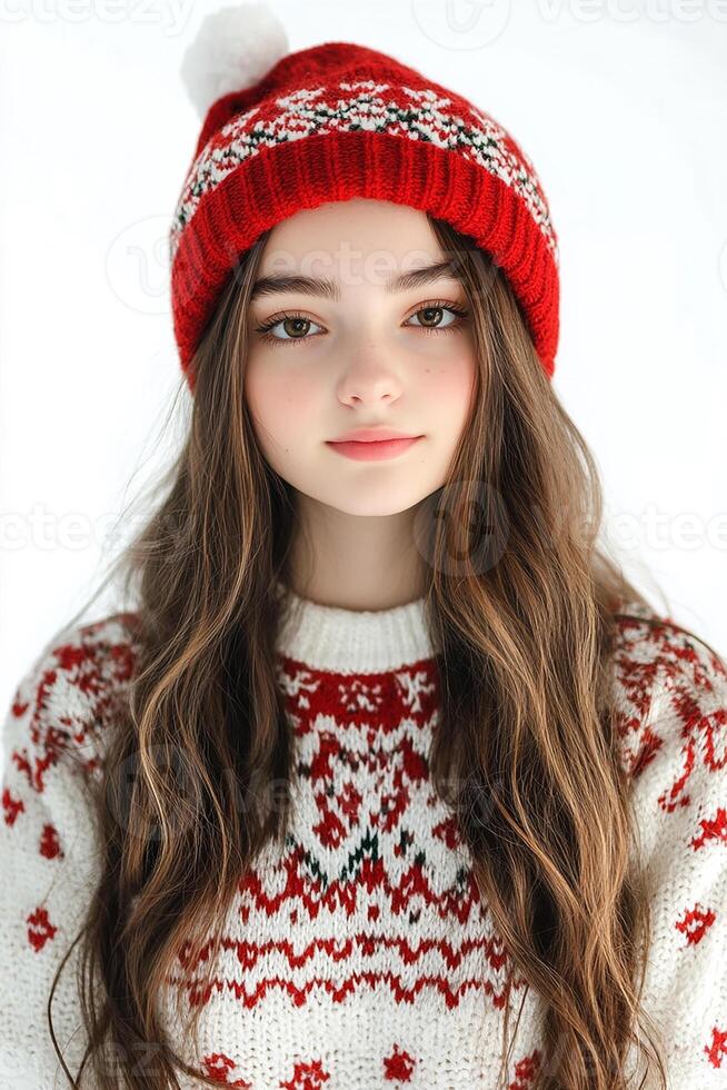 A girl wearing a red and white sweater and hat photo