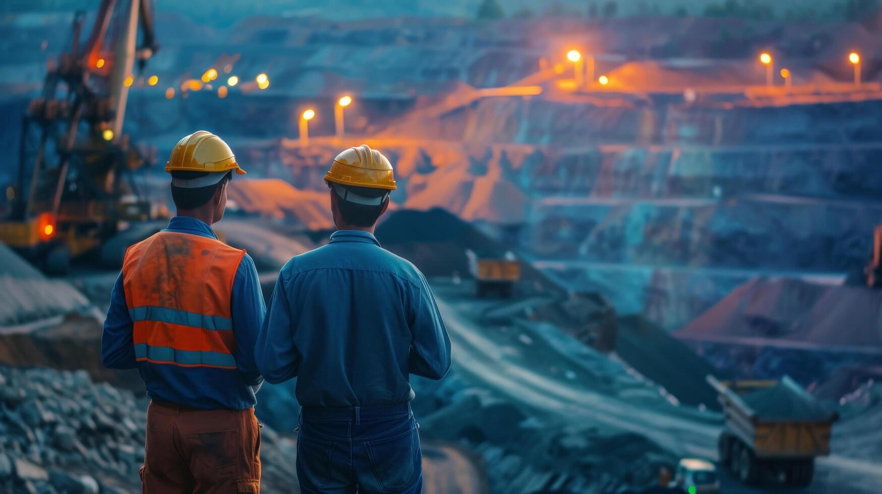 Two miners in hard hats looking at the illuminated open pit mine photo