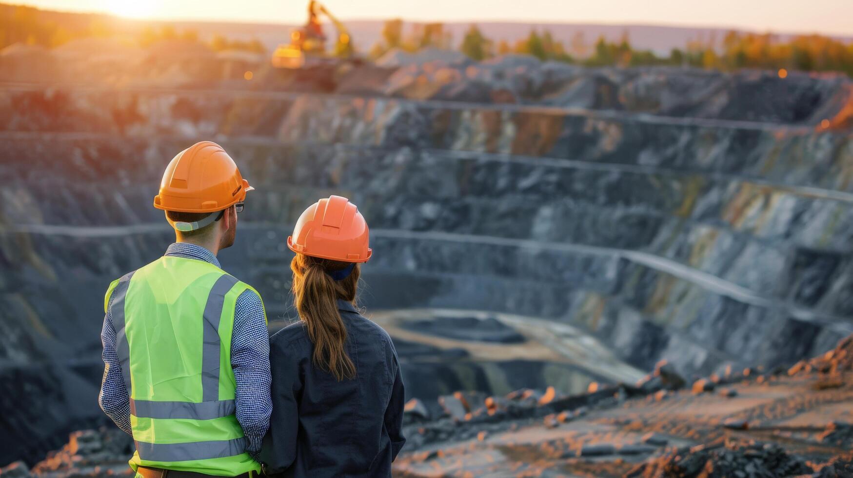 Two engineers in hard hats and safety vests looking at a large open pit mine. photo