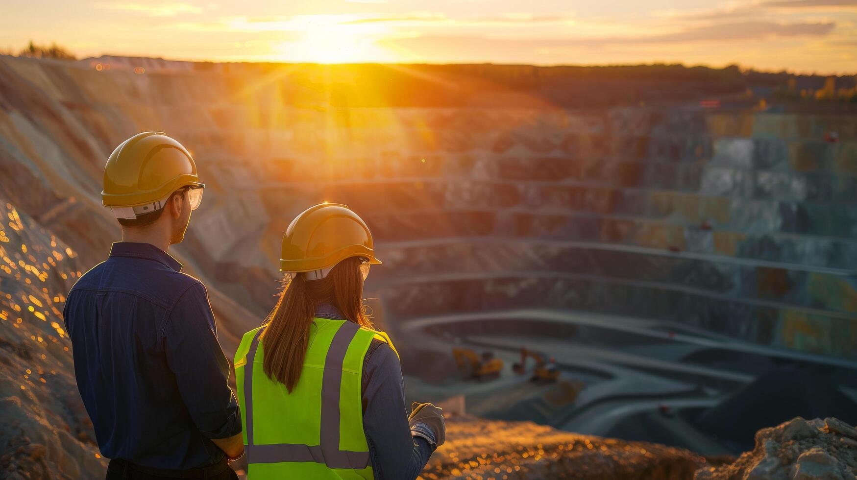 Two engineers in hard hats and safety vests looking at the sunset over an open-pit mine. photo