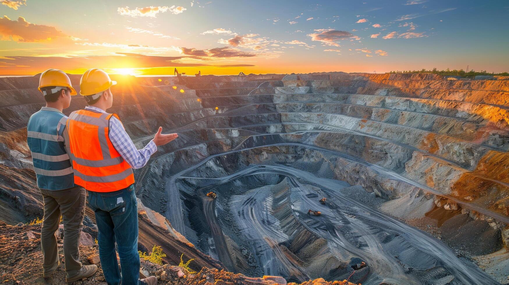 Two mining engineers in hard hats and safety vests examine a large open-pit mine. photo