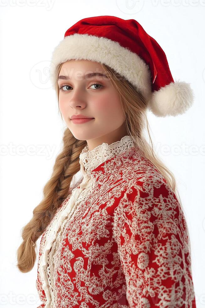 A beautiful young woman in a red and white christmas outfit photo