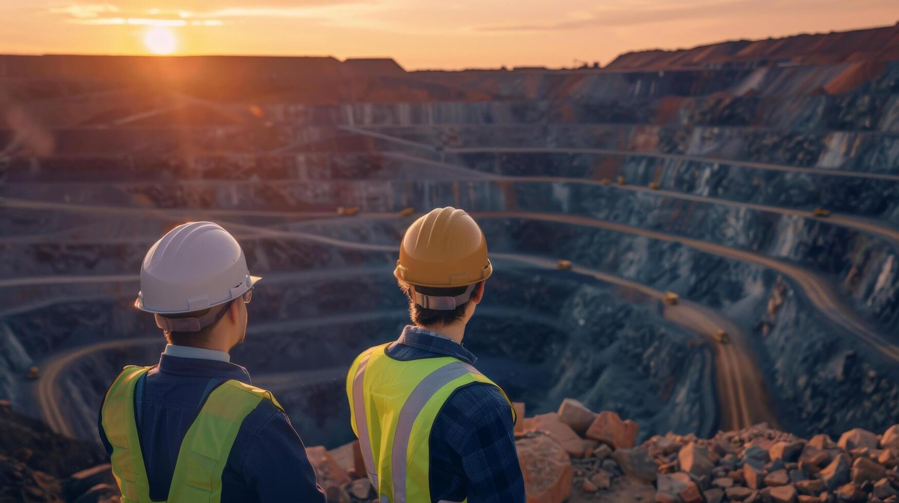 Two mining engineers in hard hats and safety vests looking at a large open-pit mine photo